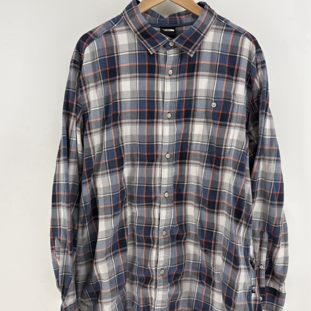 North Face Men's 2XL Madras Plaid Cotton Flannel Shirt Blue Orange Button Up